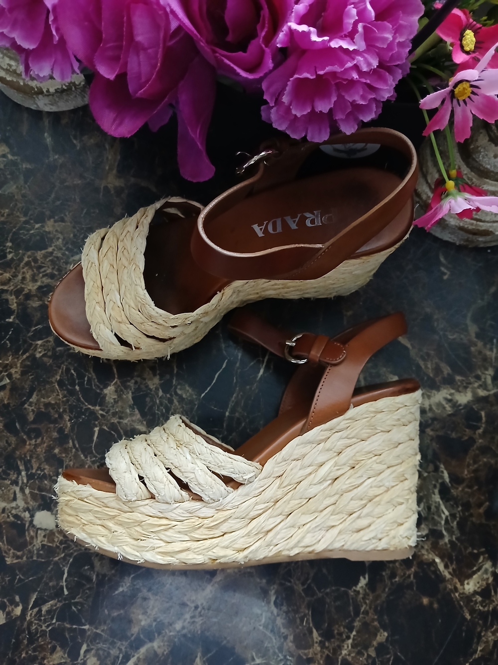 Prada Raffia  Luxury Leather/Woven Espadrille Wedge Sandals Size 37 EU 7 USA Wom